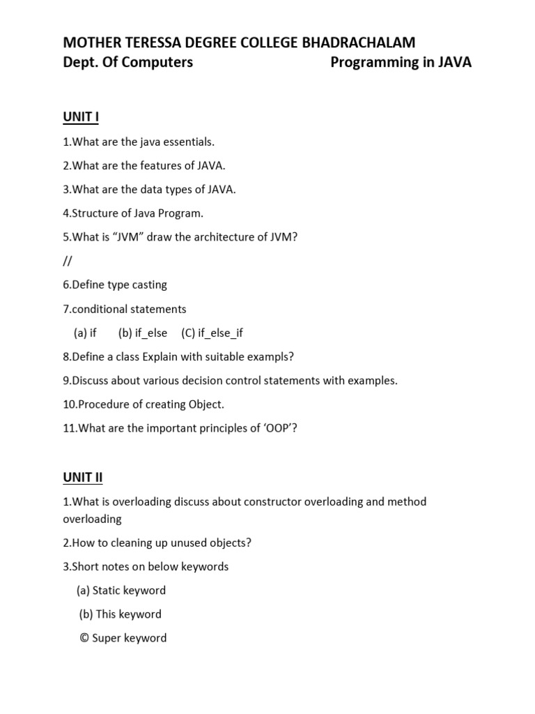 Programming in JAVA Questions For III B.A & B.SC | PDF | Technology ...