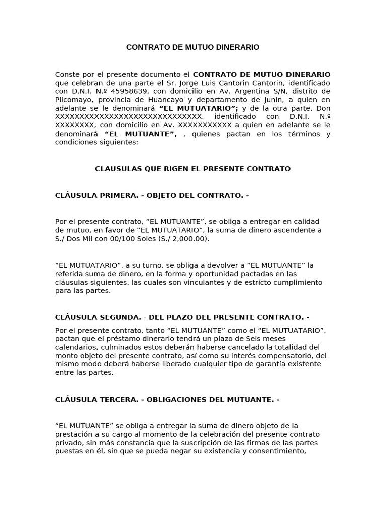 Contrato de Mutuo Dinerario | PDF | Pagaré | Derecho privado