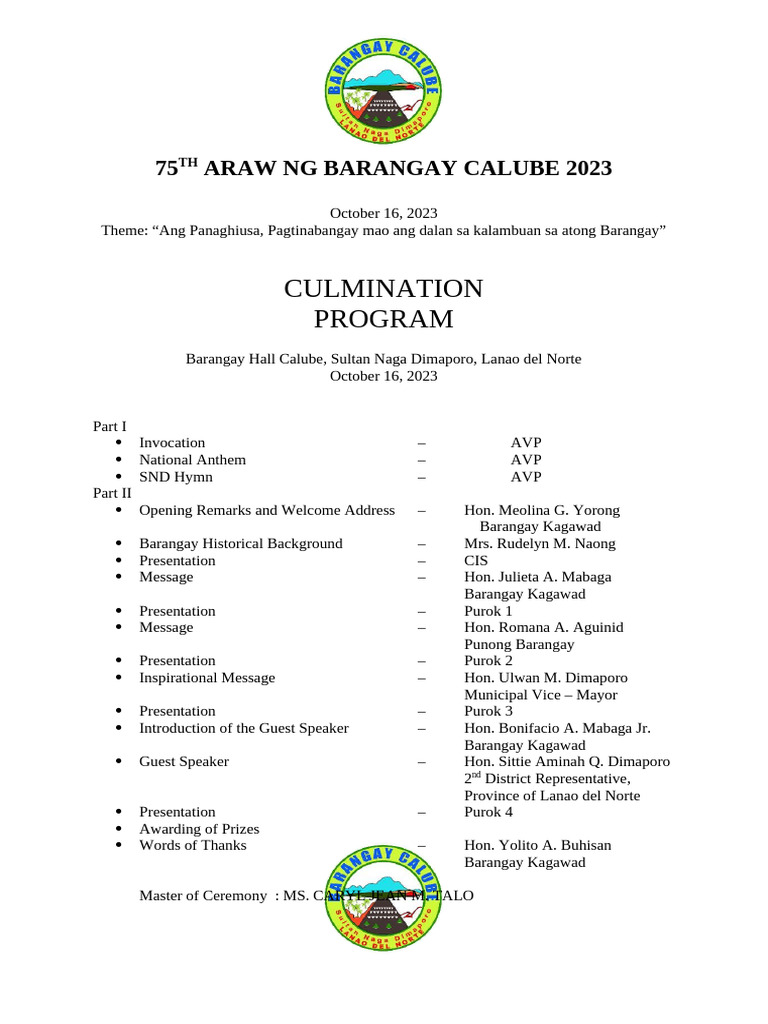 75th Araw ng Barangay Calube 2023 | PDF
