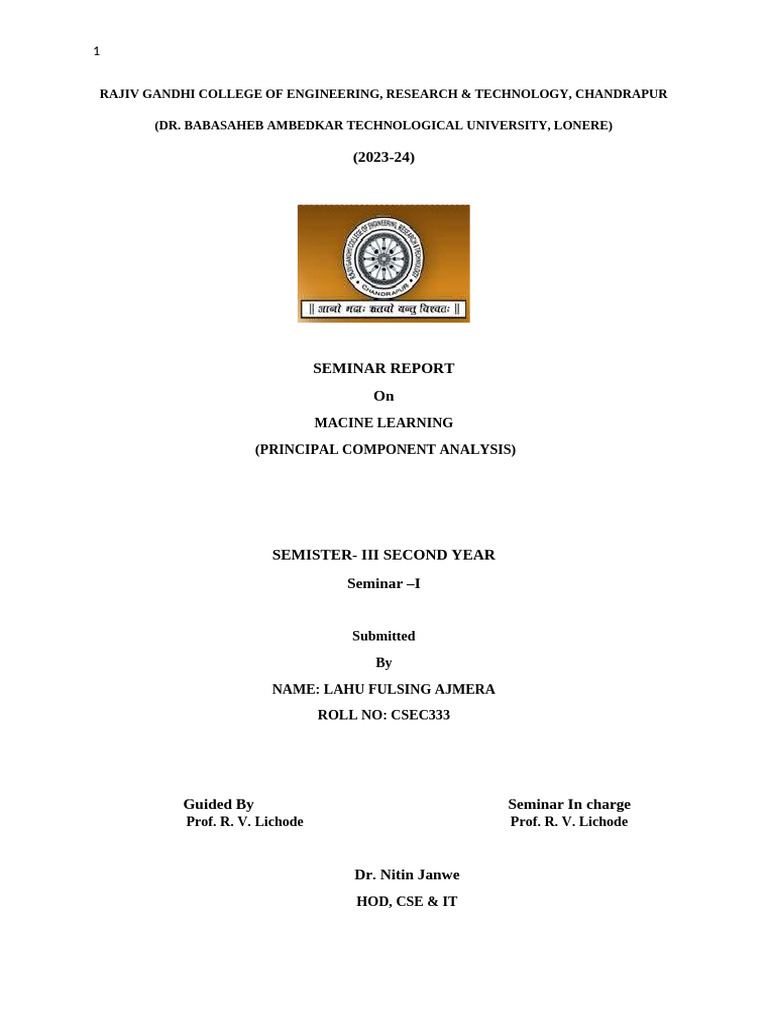 Seminar Report on PCA in Machine Learning | PDF | Principal Component ...