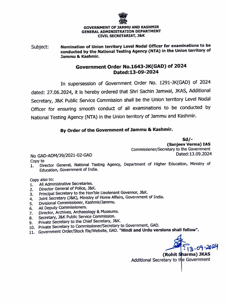 Nodal Officer Appointment for NTA Exams in J&K | PDF | Science ...