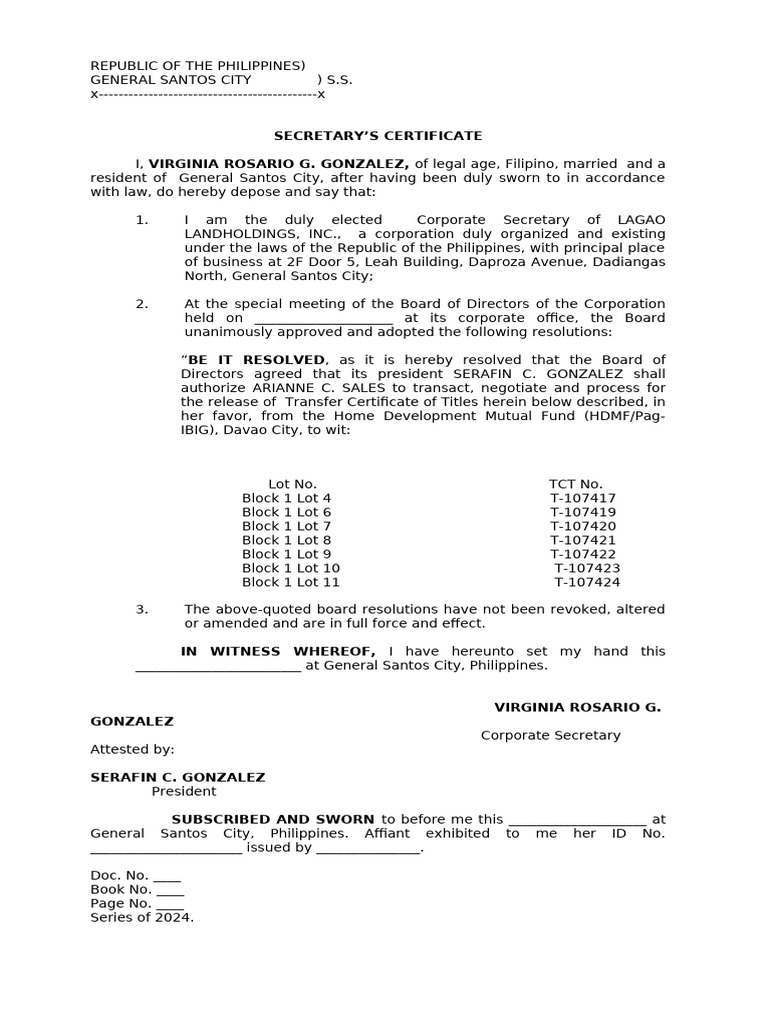 Secretary's Certificate for Lagao Landholdings | PDF | Law