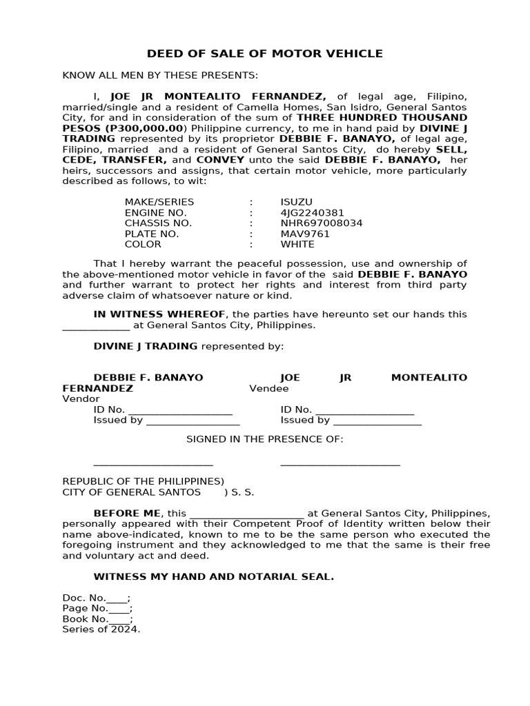 Deed of Sale of Motor Vehicle | PDF | Deed | Civil Law (Common Law)