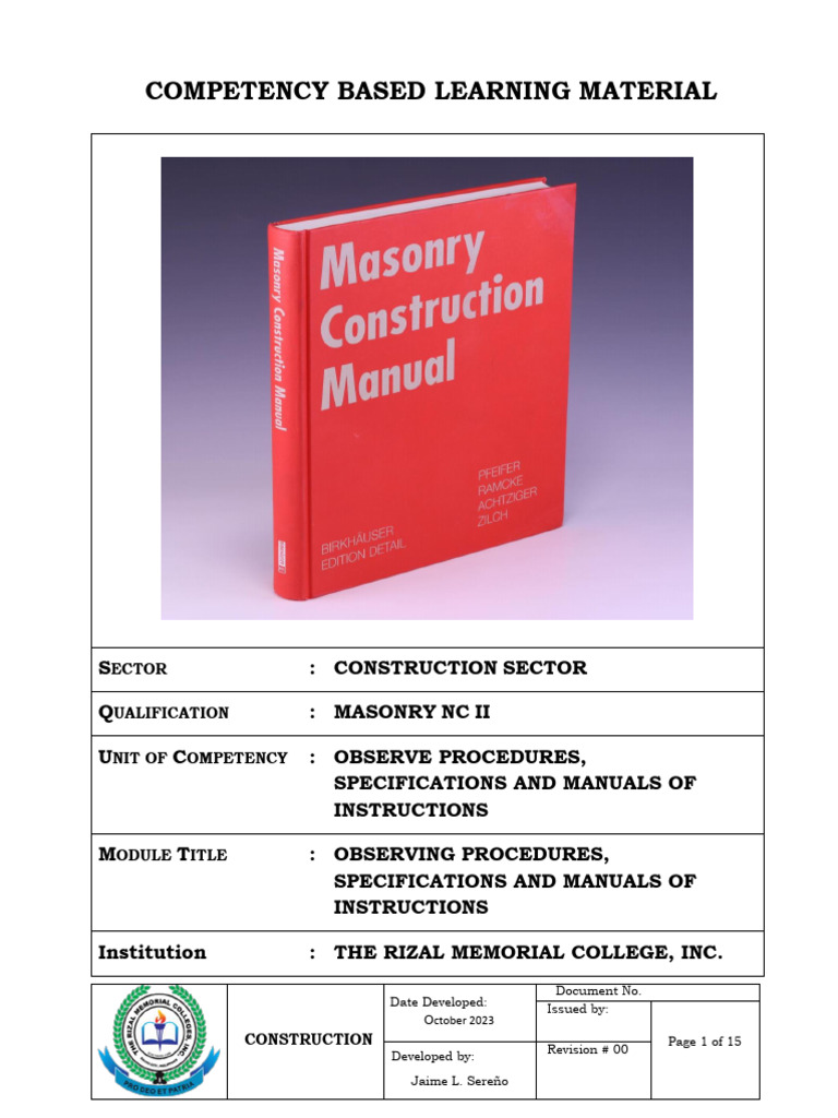 Masonry NC II Learning Guide | PDF | Specification (Technical Standard ...