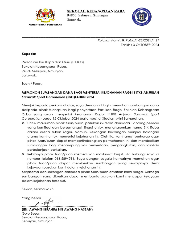 Surat Mohon Sumbangan Dana Ragbi 11tkb | PDF