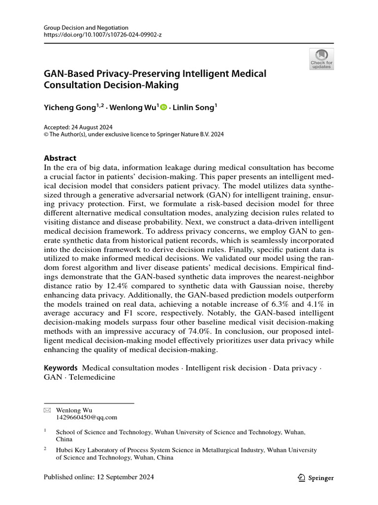 GAN Based Privacy Preserving Intelligent Medical Consultation Decision ...