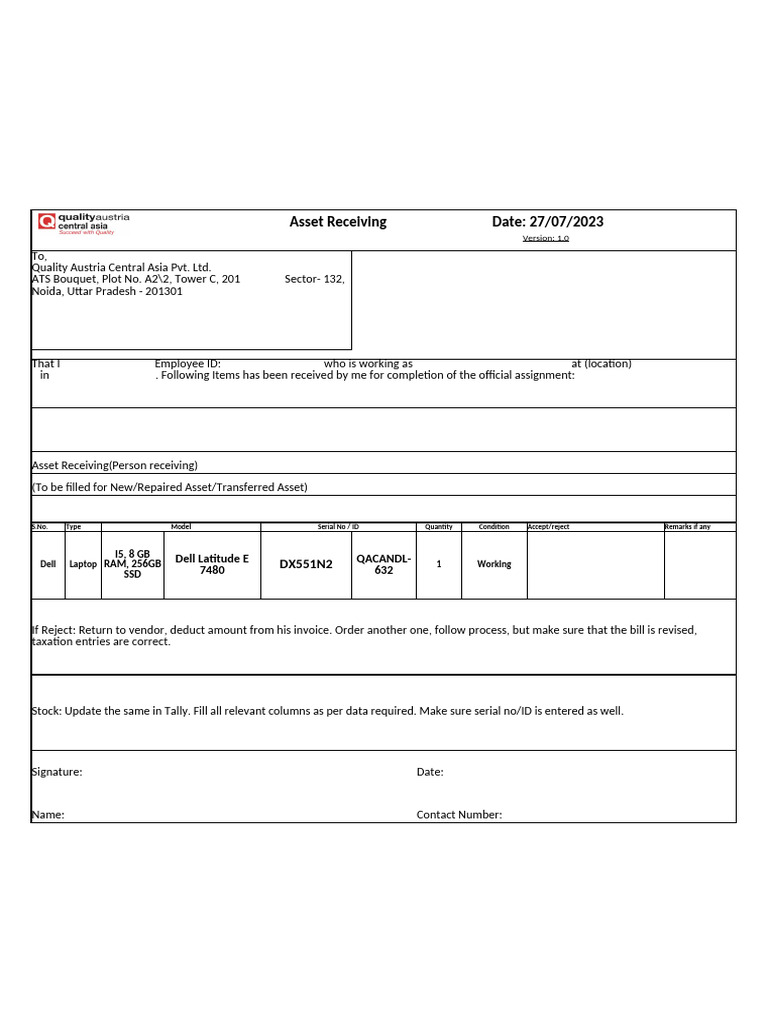 Asset Receiving Form for IT Equipment | PDF
