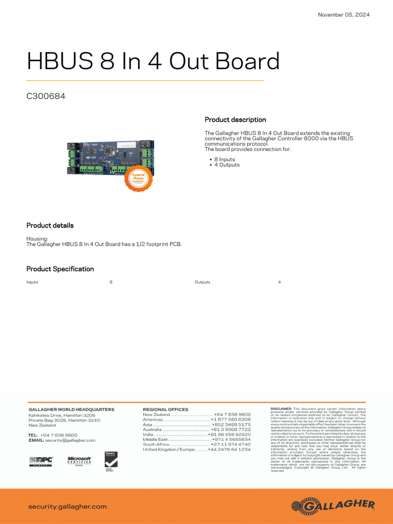 Gallagher HBUS 8 In 4 Out Board Overview | PDF