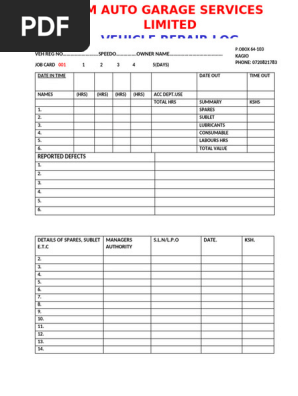 JOB CARD BM AUTO GARAGE SERVICES LIMITED