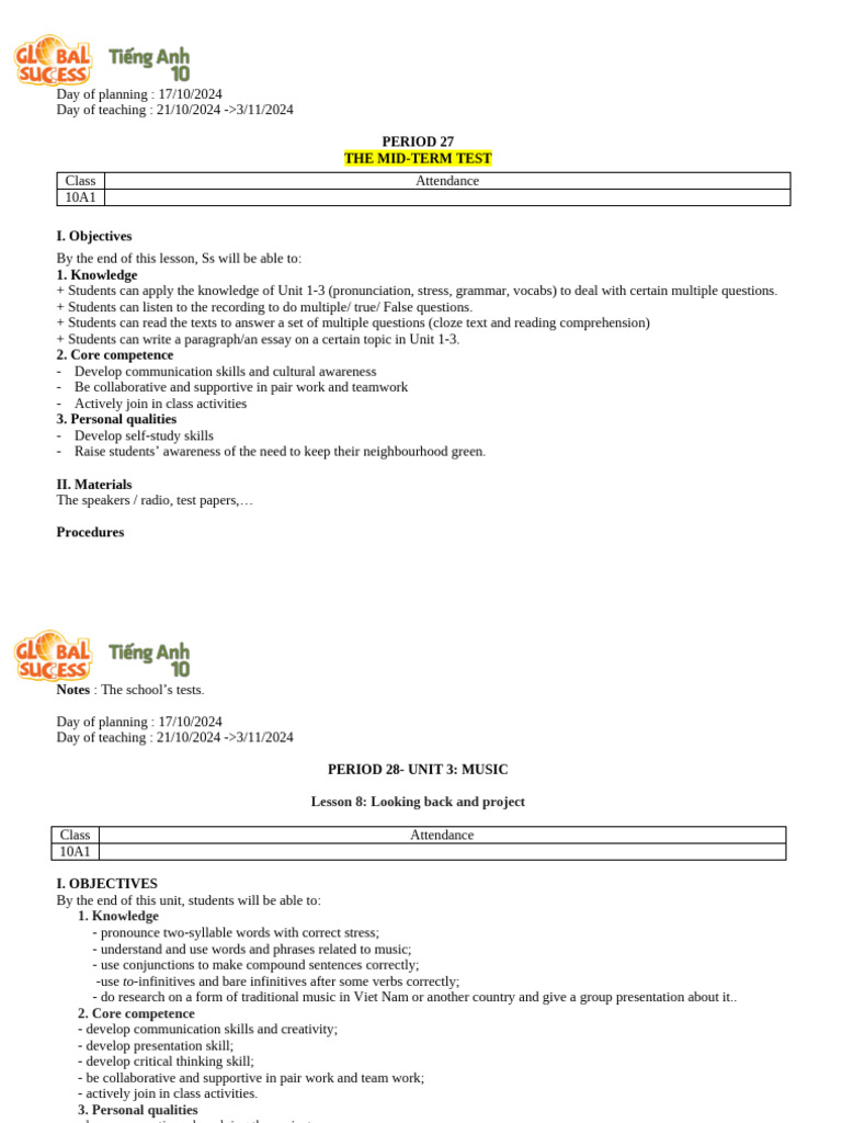 TIẾNG ANH 10-TIẾT 27 ĐẾN 29-UNIT 3 | PDF | Stress (Linguistics ...