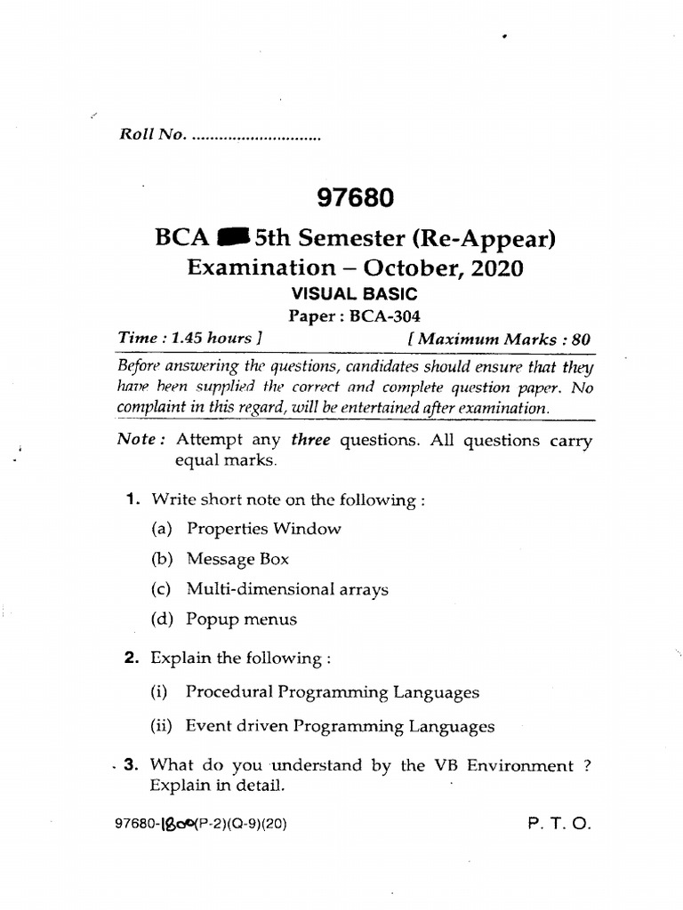 Visual Basic - 5th Sem - Previous Year | PDF
