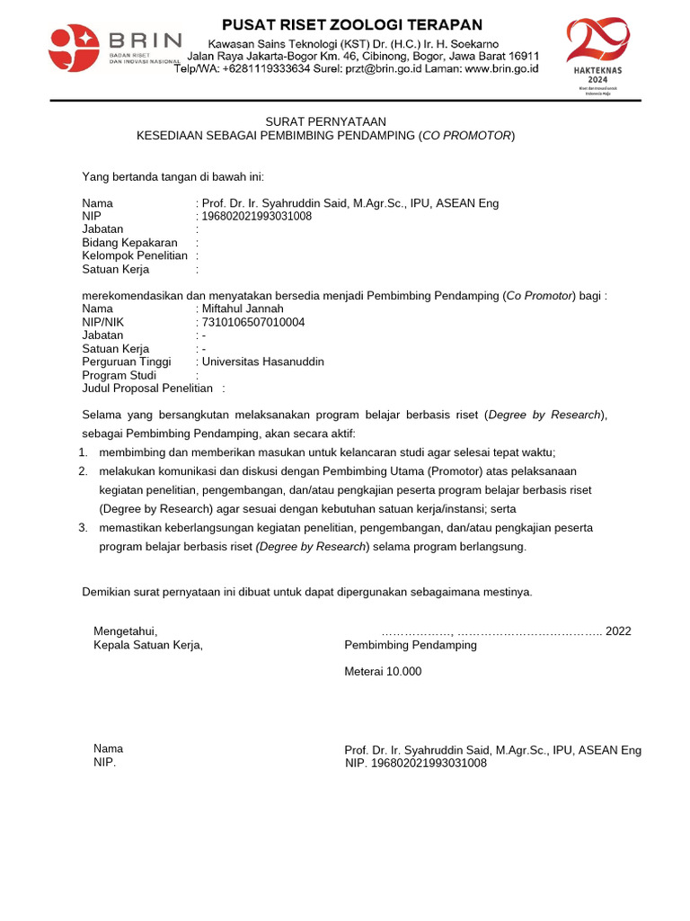 Surat Kesediaan Co Promotor Penelitian | PDF