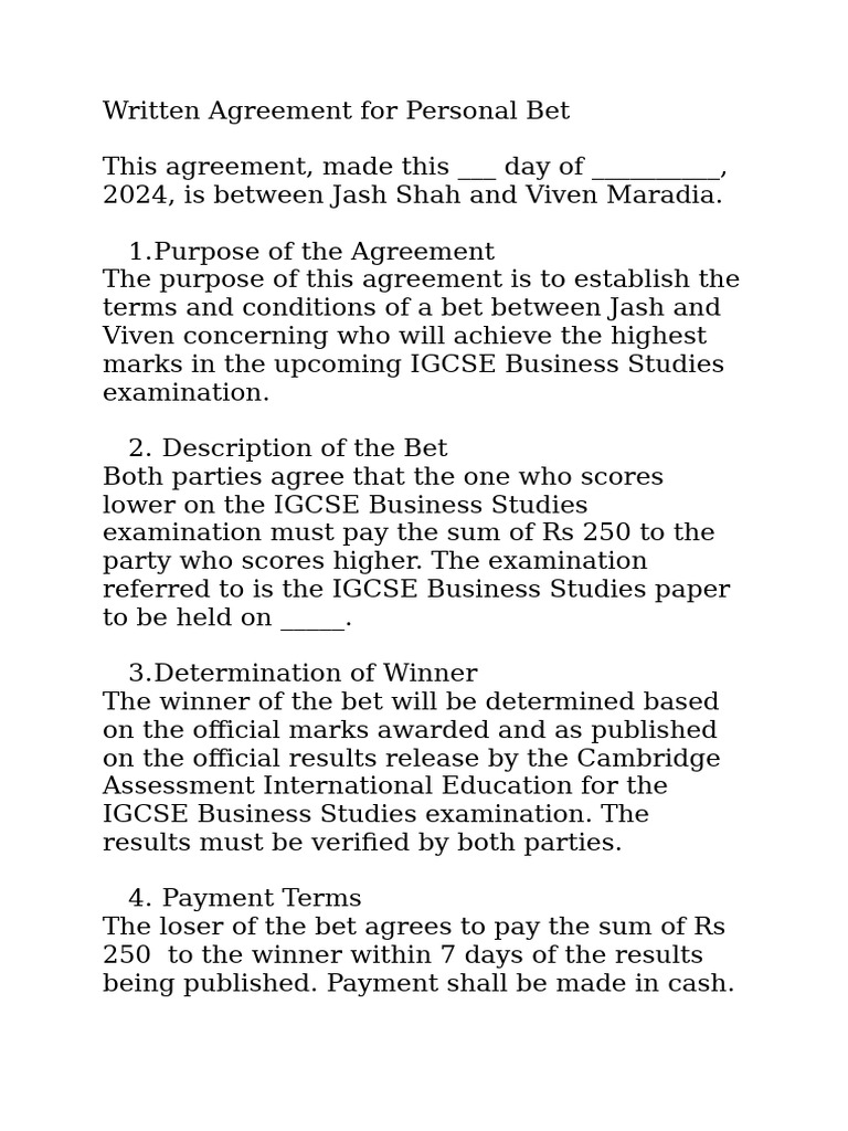 Personal Bet Agreement for IGCSE Exam | PDF