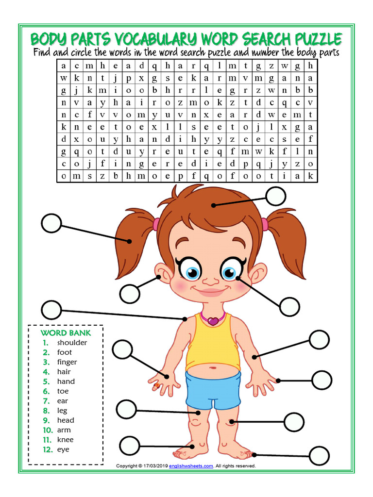 Body Parts Vocabulary Esl Word Search Puzzle Worksheet For Kids | PDF