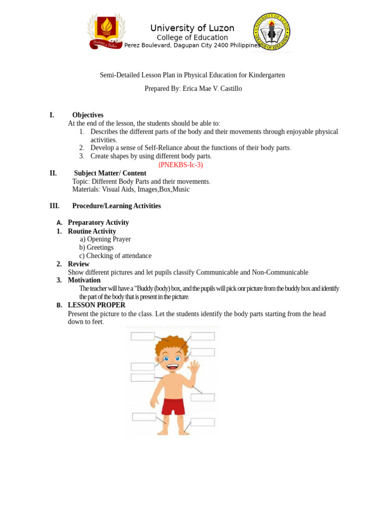 Kindergarten PE Lesson Plan: Body Movements | PDF | Rotation | Physical ...