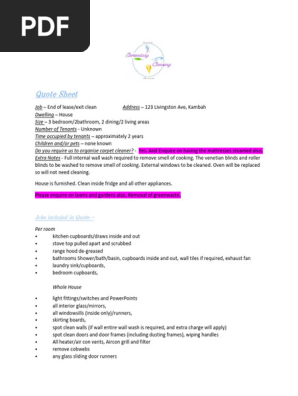 Quote Sheet Livingston