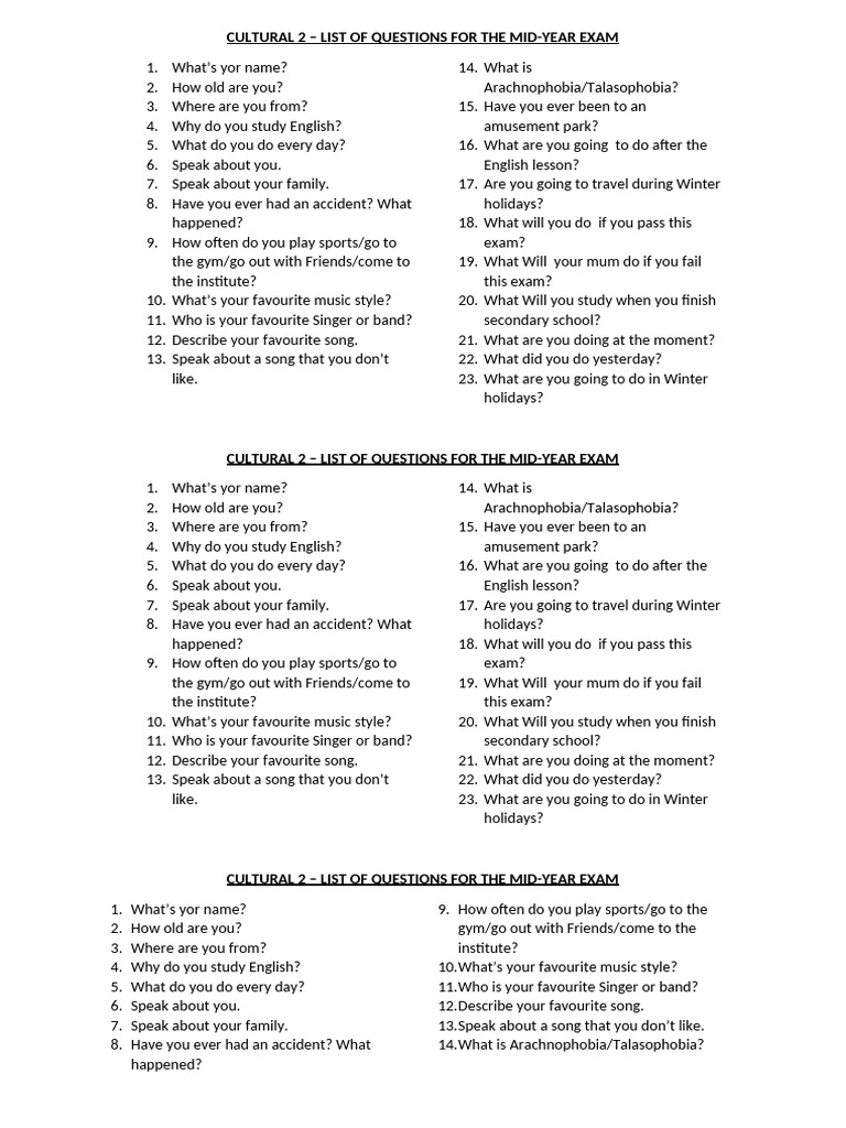 Cultural 2 - List of Questions | PDF | Language Arts & Discipline