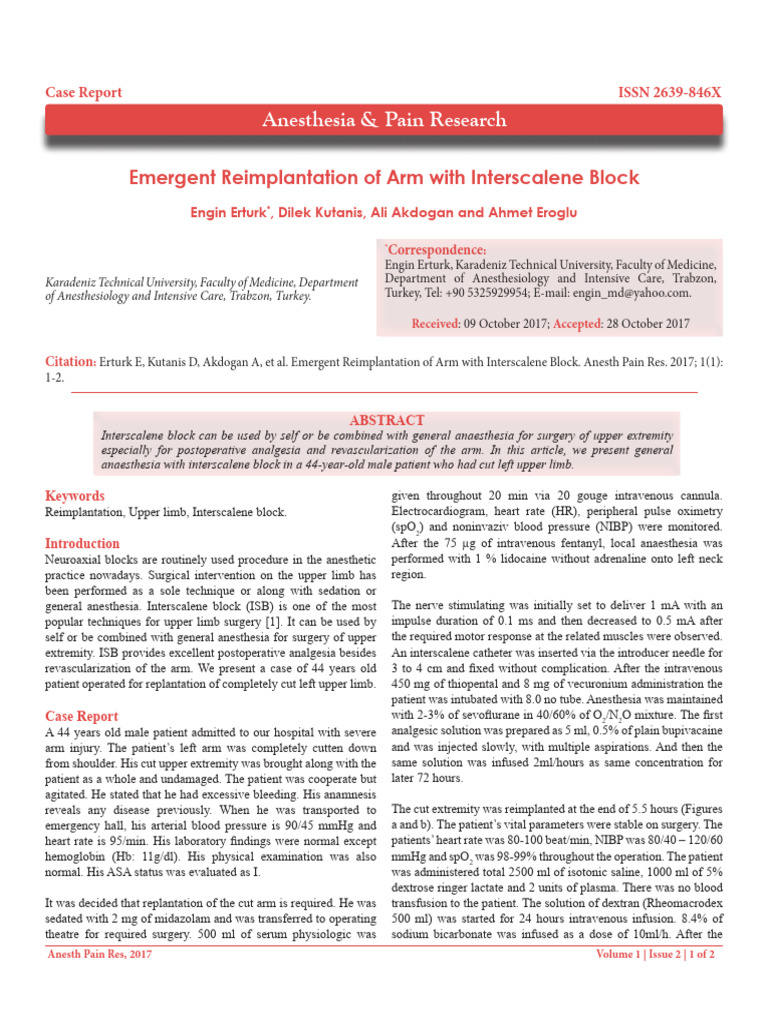 Emergent Reimplantation of Arm With Interscalene Block | PDF ...