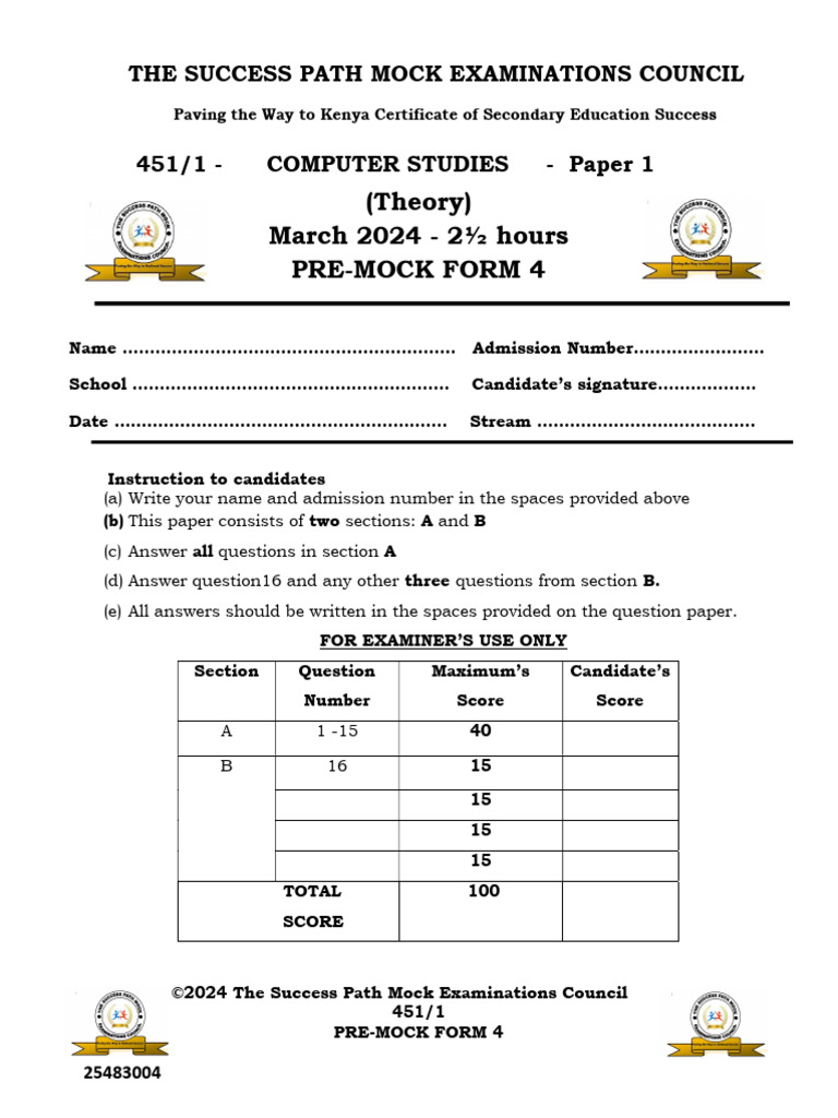 KCSE 2024 Computer Studies Mock Exam | PDF | Databases | Computing