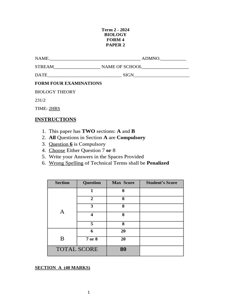 KCSE Biology Paper 2 Exam 2024 | PDF | Biology | Genotype