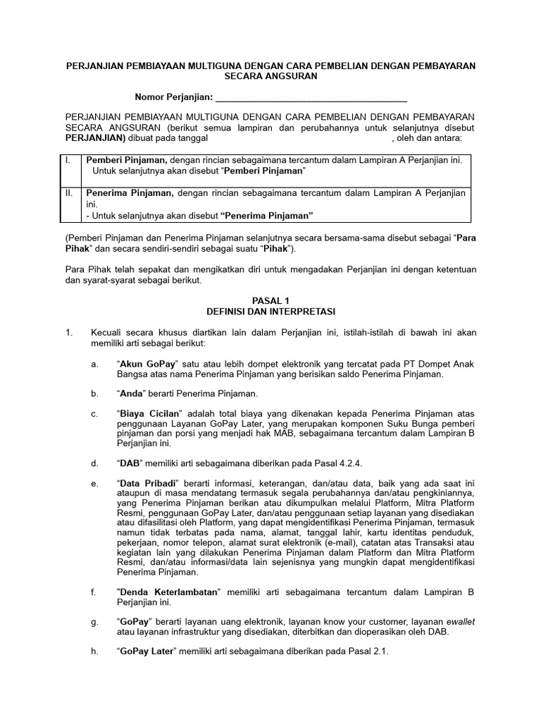 Perjanjian Pembiayaan Multiguna Angsuran | PDF