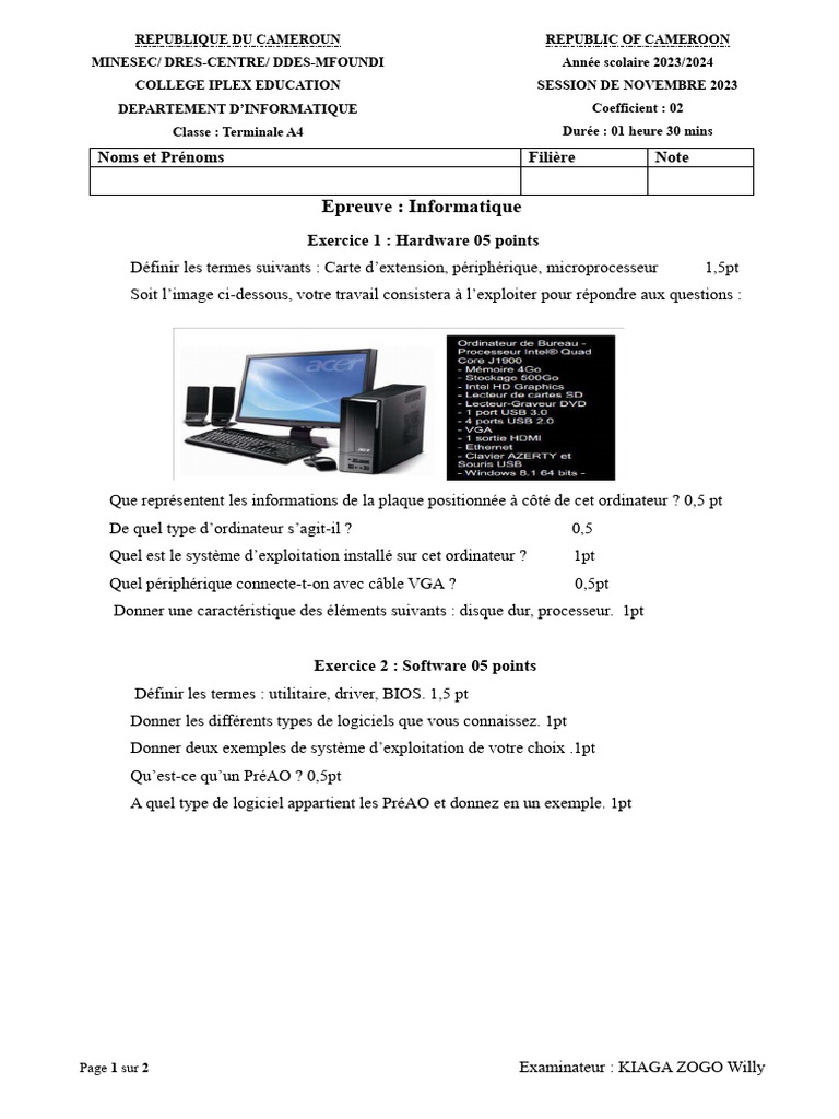 Épreuve d'informatique Terminale A4 2023 | PDF | Informatique | Logiciel