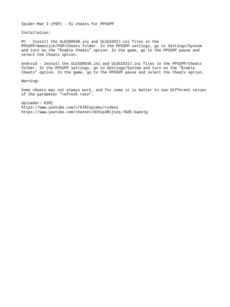 Spider-Man 3 Cheats for PPSSPP | PDF