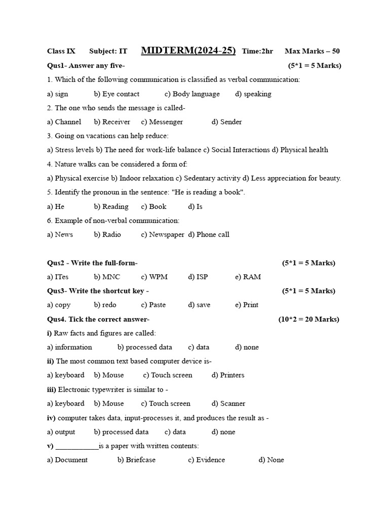 Class IX IT Midterm Exam Questions | PDF | Computer Keyboard ...