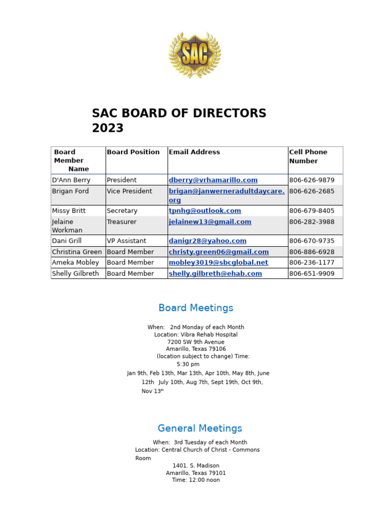 SAC Board and Meeting Details 2023 | PDF | Elderly Care | Health Care