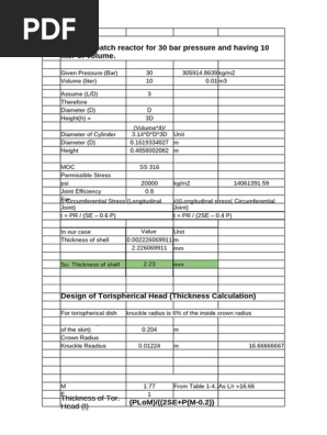 Batch Recator Design Under Internal Pressure.