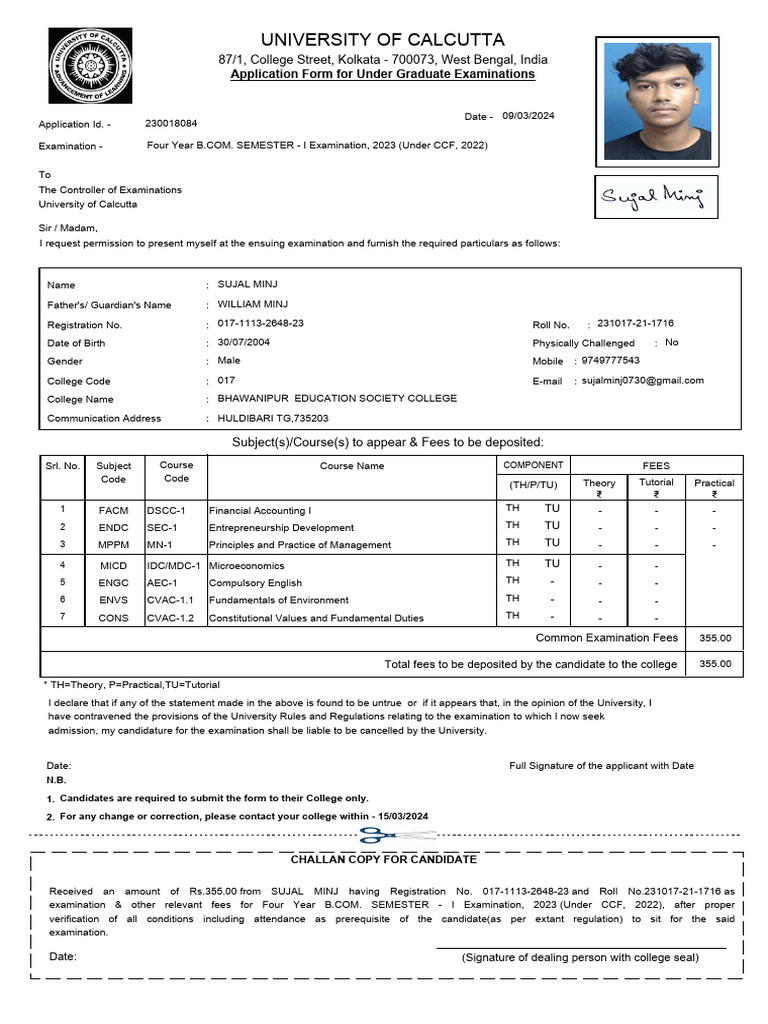 Calcutta University UG Exam Application Form | PDF | Government | Justice
