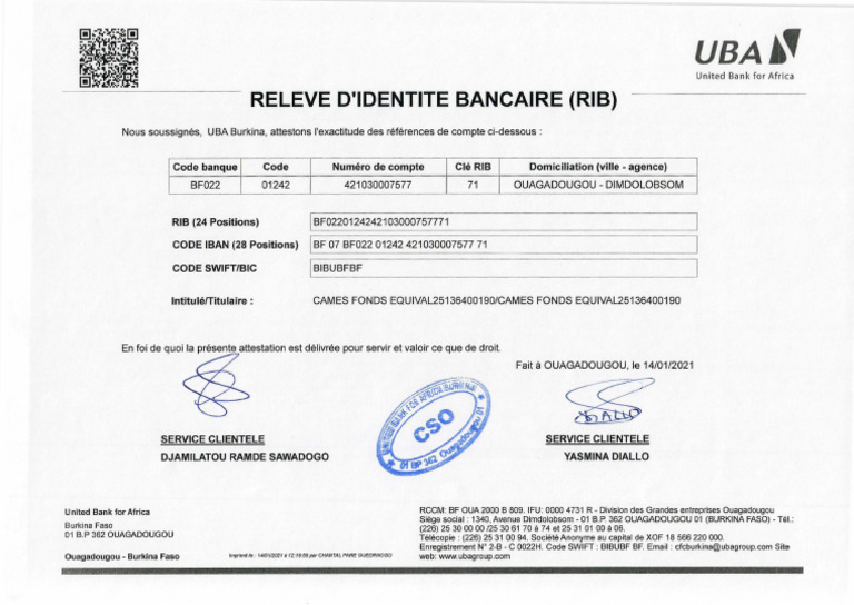 Attestation de RIB - United Bank for Africa | PDF | Bancaire