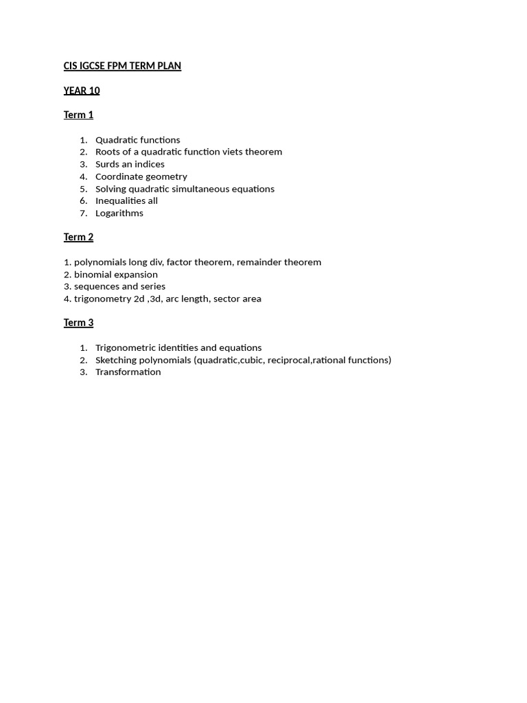 Cis igcse fpm term plan pdf teaching methods materials