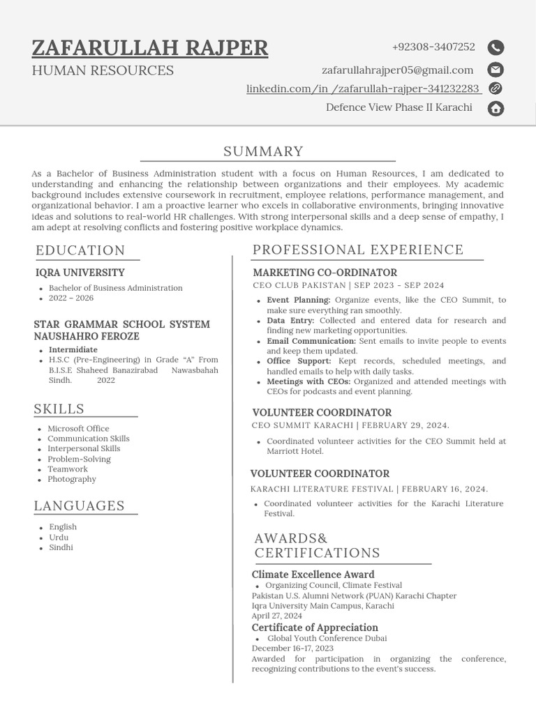 Zafarullah Rajper: HR Student Profile | PDF | Human Resources | Karachi