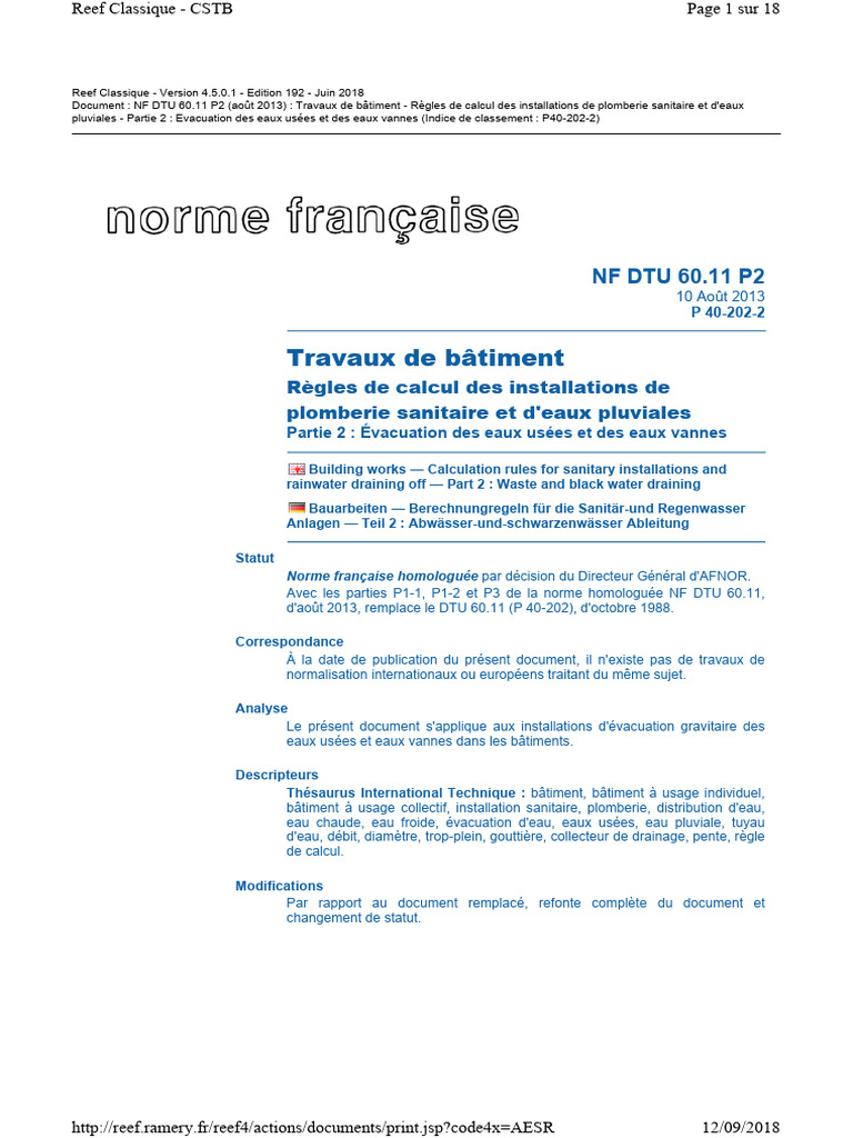 Norme NF DTU 60.11 : Évacuation eaux usées | PDF | Code de la ...