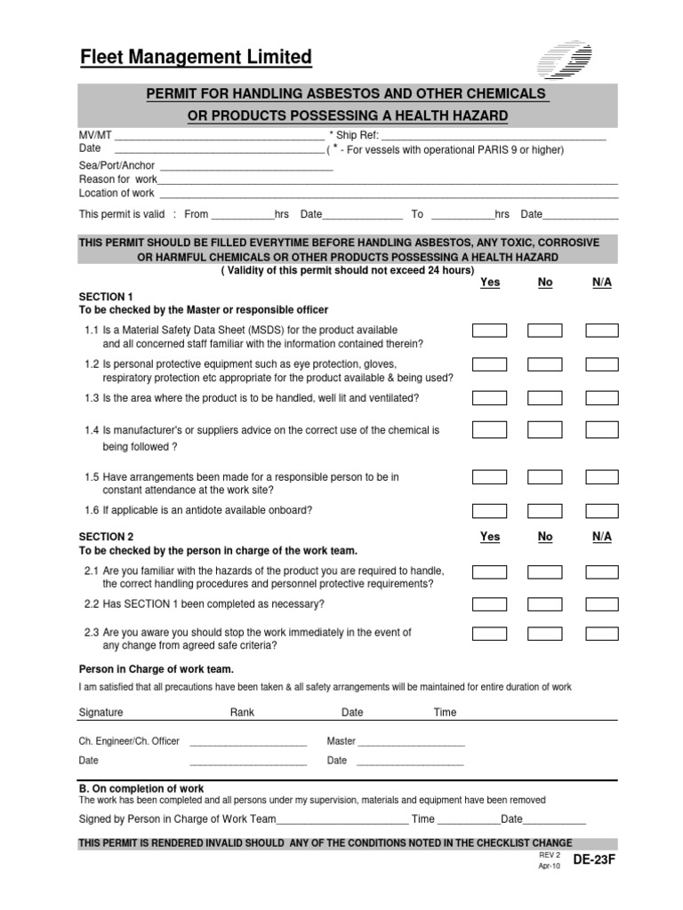 de-23f-permit-for-handling-asbestos-and-other-chemicals-or-products