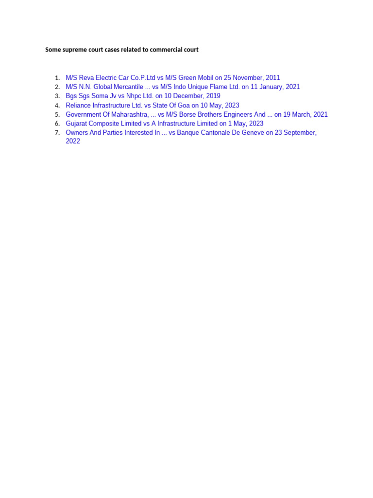 Some Supreme Court Cases Related To Commercial Court | PDF