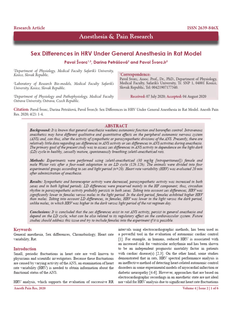Sex Differences in HRV Under General Anesthesia in Rat Model | PDF ...