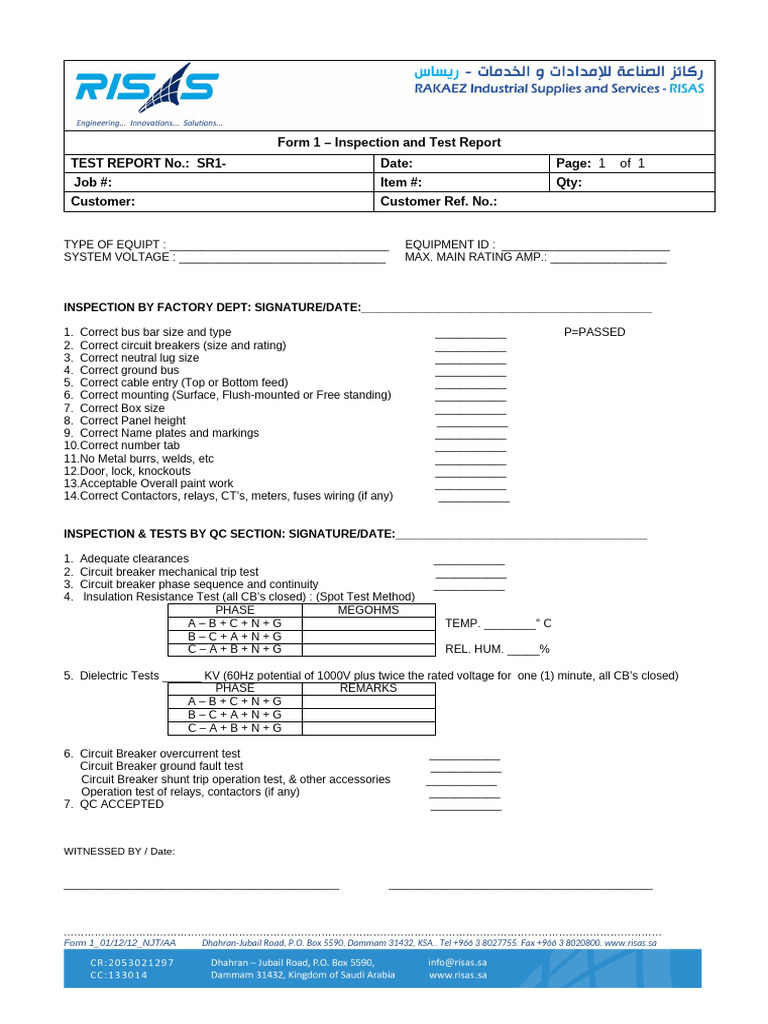 Form 1-Insp & Test - Services Dept Manual - Rev 0 Nov 5, 2012 | PDF ...