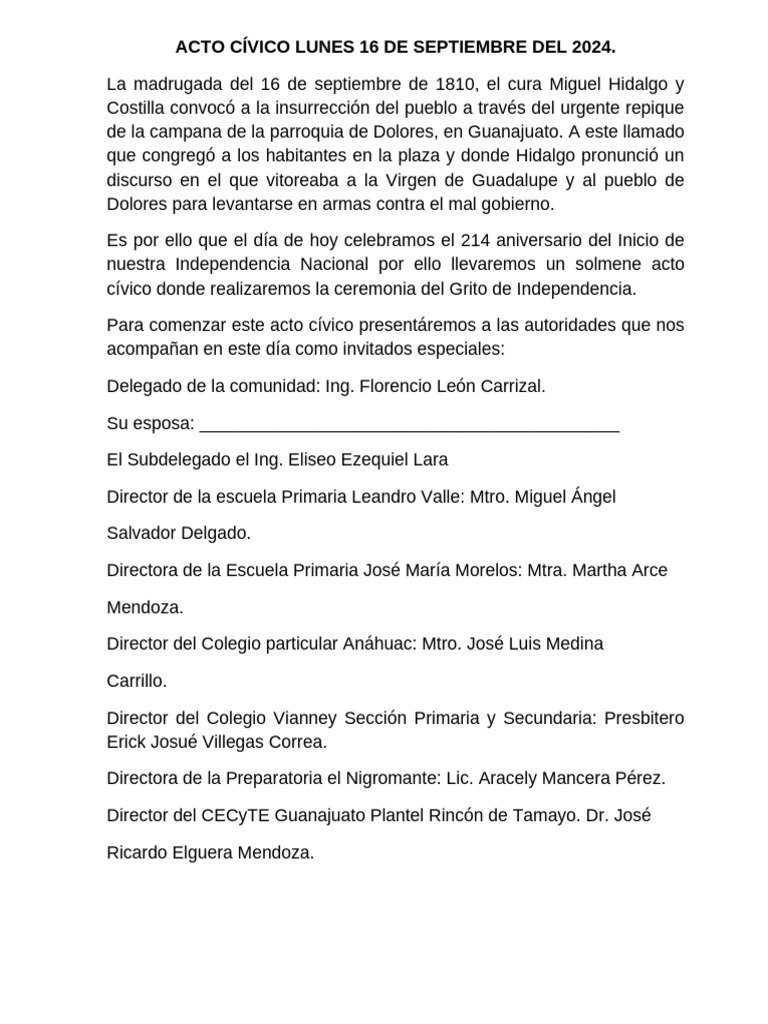 Guión Acto Cívico 16 de Septiebre Del 2024 | PDF | México | Folklore ...