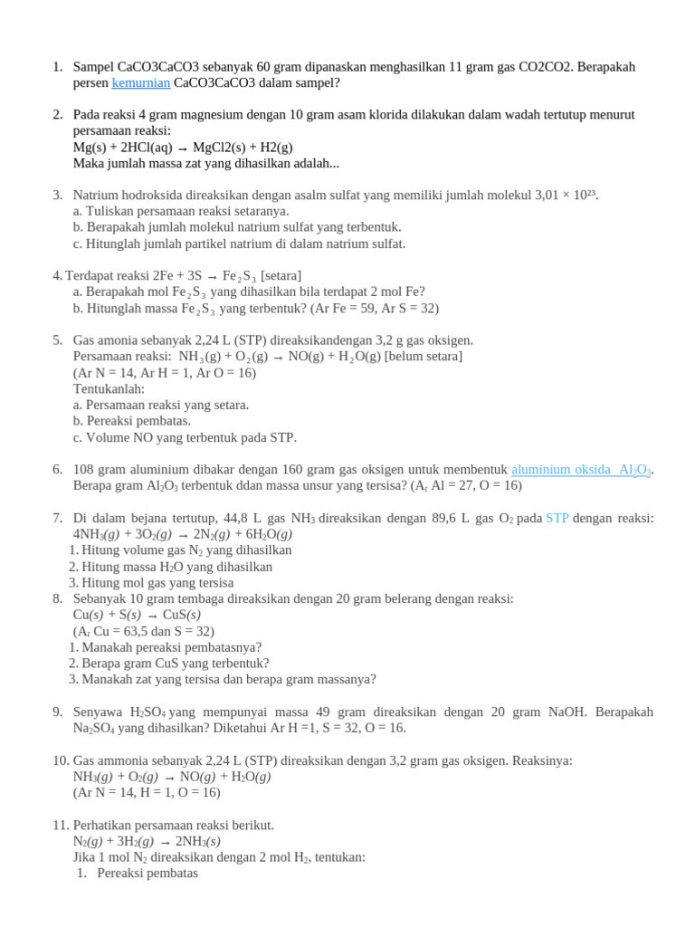 Soal Stoikiometri Reaksi Kimia | PDF | Metode & Bahan Ajar | Teknologi ...
