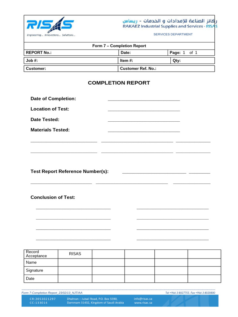 Form 7 Completion Report - Services Dept Manual - Rev 0 Feb 23, 2012 | PDF