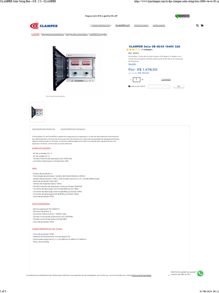 String Box Solar Clamper 1000V 4E/4S | PDF | Energia elétrica | Quantidade