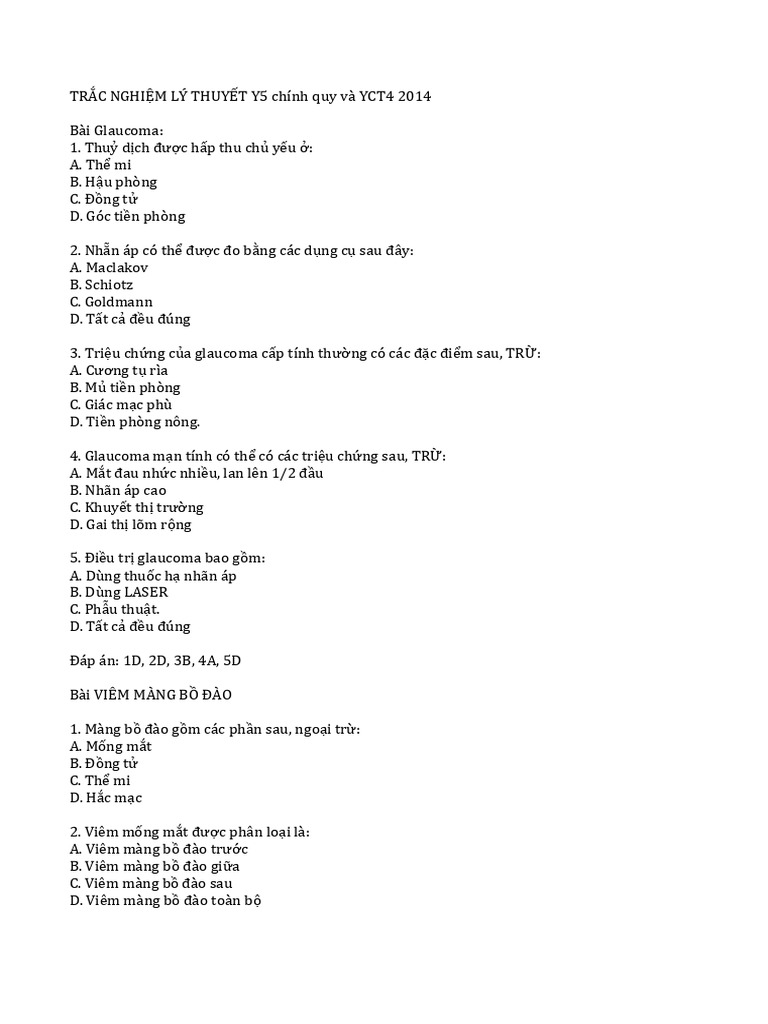 Trắc Nghiệm Y5 Yct4 2014 | PDF