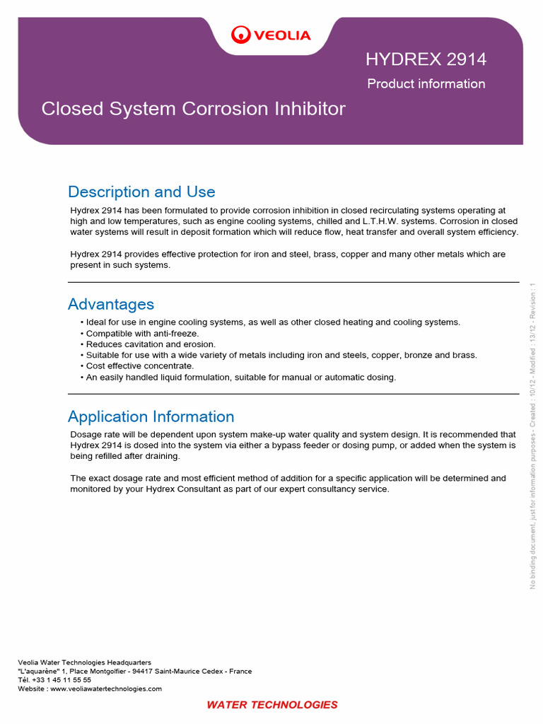 Hydrex 2914: Corrosion Inhibitor Guide | PDF | Corrosion | Steel
