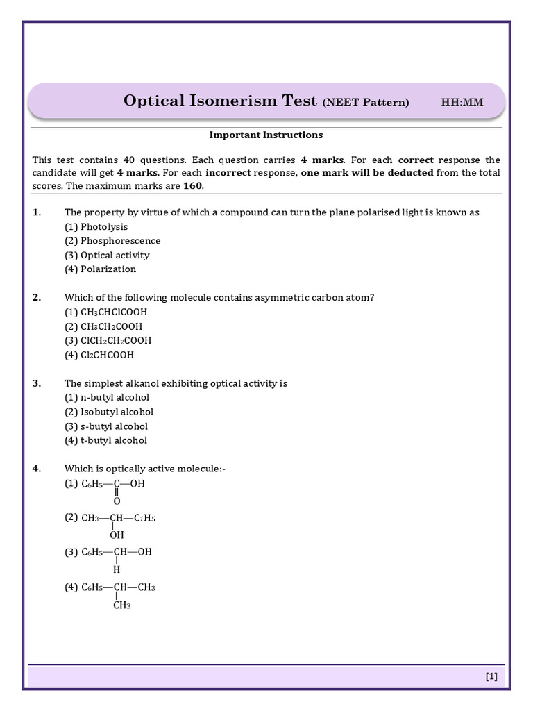 Optical Isomerism Test Questions | PDF | Chirality (Chemistry) | Isomer