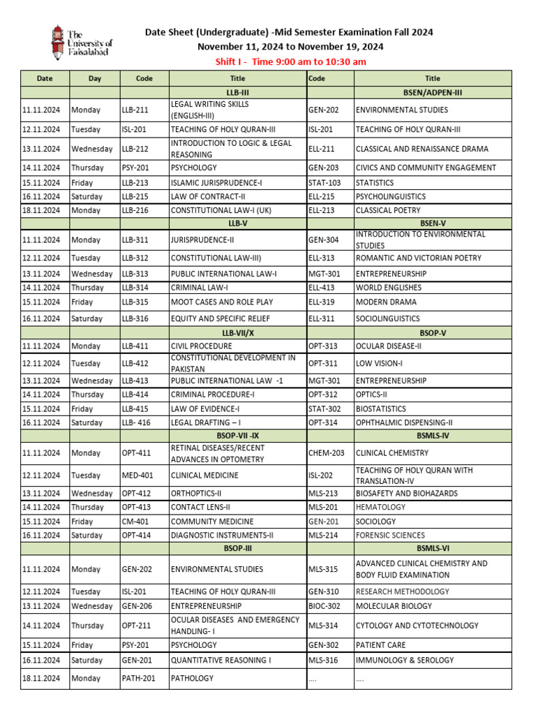 Date Sheet Mid Examinations (Undergraduate) - Fall 24 Seniors Semesters ...