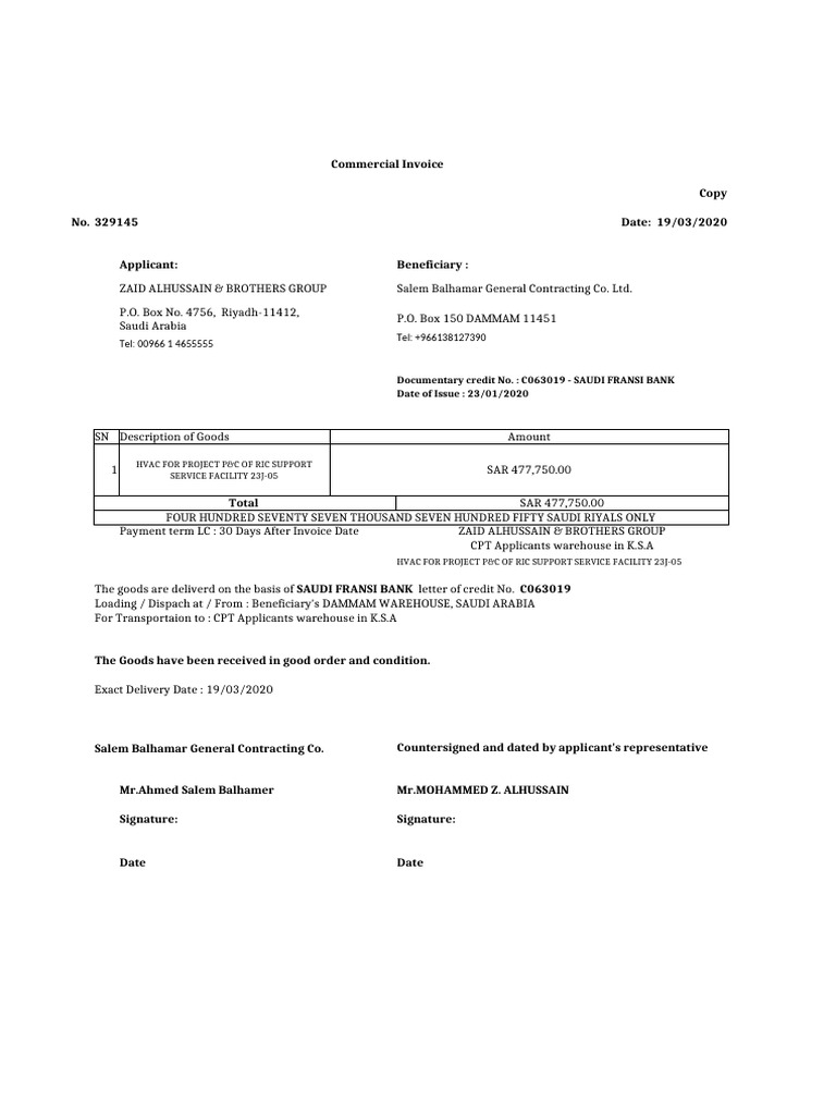 Invoice for HVAC Project via LC | PDF | Letter Of Credit | Banking