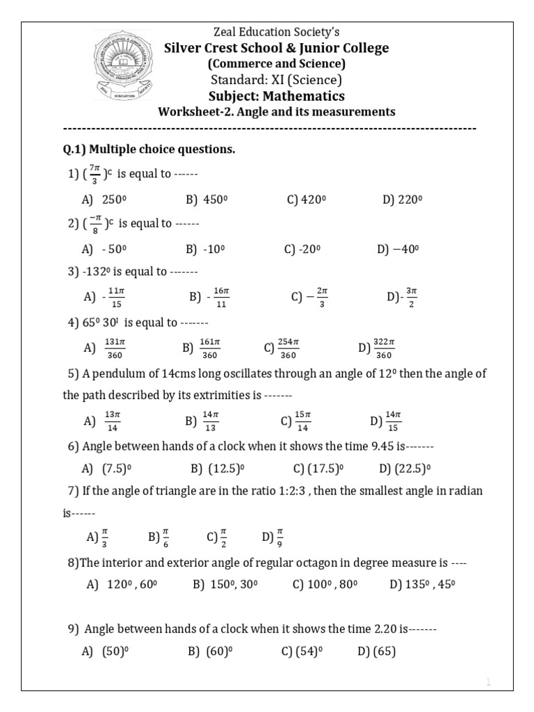 Class 11 Angle Measurement Worksheet | PDF | Angle | Triangle Geometry