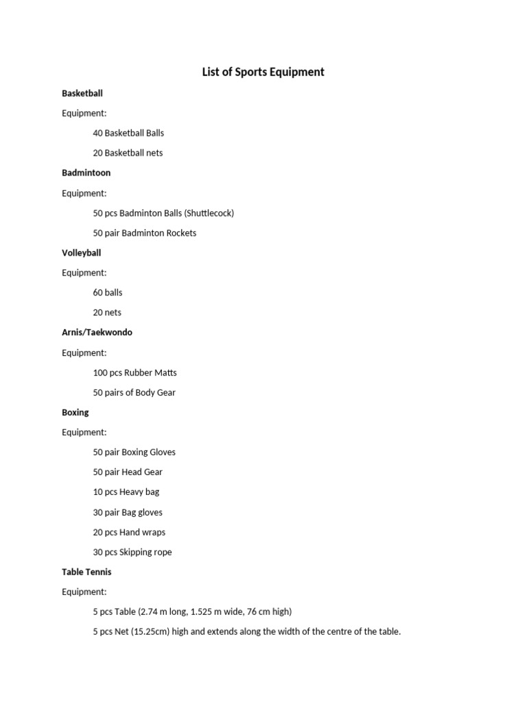 Comprehensive Sports Equipment List | PDF
